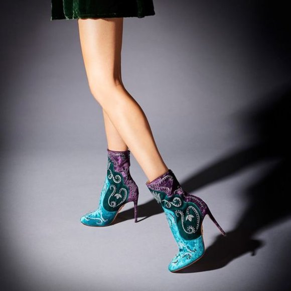 NIB Aquazzura matahari teal purple tricolor studded velvet booties ankle boots - Picture 2 of 6